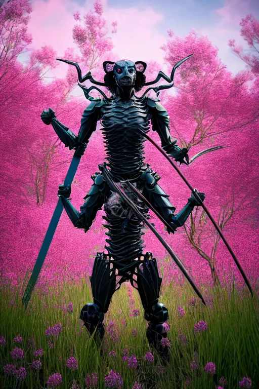 Prompt: hyperrealistic neo - gothic muscular human chimera hybrid, exoskeleton armor, holding katana, standing in a field of pink flowers, highly detailed smooth concept art masterpiece, vitaly bulgarov giger dramatic dark teal light, ground angle hd 8 k, sharp focus