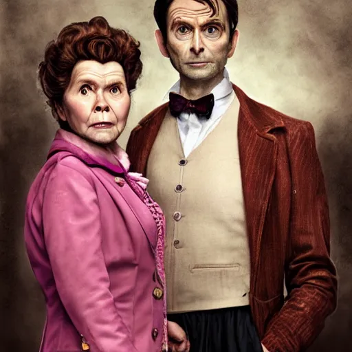 Image similar to david tennant and imelda staunton as dolores umbridge in pink clothes with the tenth doctor who, highly detailed, artstation, concept art, smooth, sharp focus, illustration, perfect face, art by willem claesz. heda, nikolay makovsky, jacek malczewski, arthur hughes, edward okun