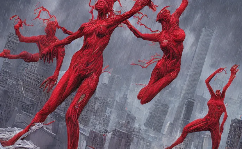 Image similar to an digital art of bodyhorror red alert storm that destroys new york city in style of zdislaw beksinski