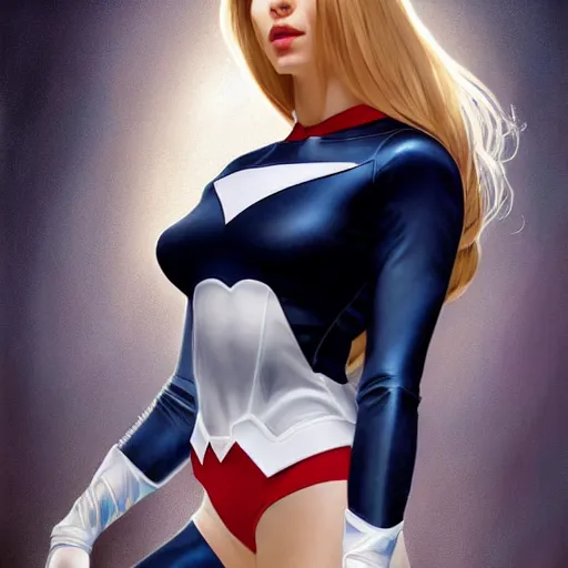 Image similar to a beautiful portrait of a beautiful cute young superhero woman, shoulder - length blonde hair, tight solid matte navy blue lycra bodysuit, white cape, buff, body, muscular, intricate, elegant, 8 k, highly detailed, digital painting, concept art, smooth, sharp focus, illustration, by artgerm greg rutkowski alphonse mucha loish wlop