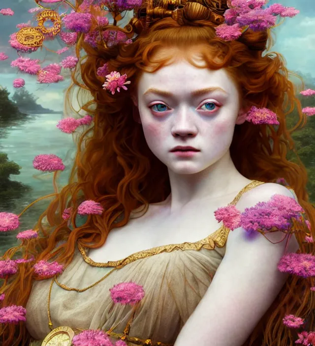 Prompt: sadie sink baroque portrait of one steampunk bohemian geisha woman of porceline skin lying down in a river made of thousand of flowers, cinematic lighting, photorealistic, octane render, 8 k, depth of field, art by artgerm and greg rutkowski and alphonse mucha and uang guangjian