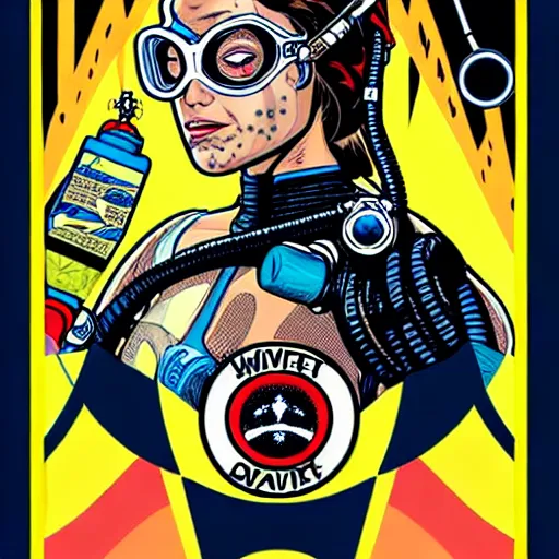 Image similar to tarot card of portrait of a female diver with a oxygen mask intricate detailed mask with front profile by MARVEL comics and Sandra Chevrier