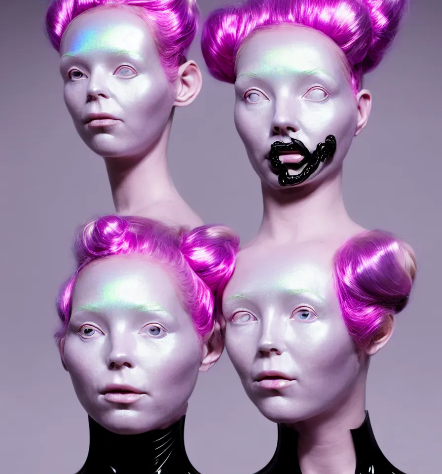 Image similar to portrait of a alien futuristic goddess wearing an art nouveau iridescent beauty mask and pink hair buns, wearing a black bodysuit by alexander mcqueen, cream white background, soft diffused light, biotechnology, humanoid robot, perfectly symmetric, bjork aesthetic, translucent, by rineke dijkstra, intricate details, highly detailed, masterpiece,