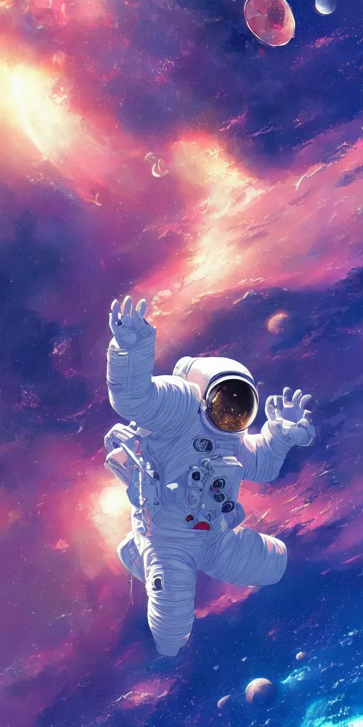 Prompt: an astronaut floating in space, vibrant colors, detailed, beautiful composition, space, by wlop and cushart krenz in the style of planetes, artstation