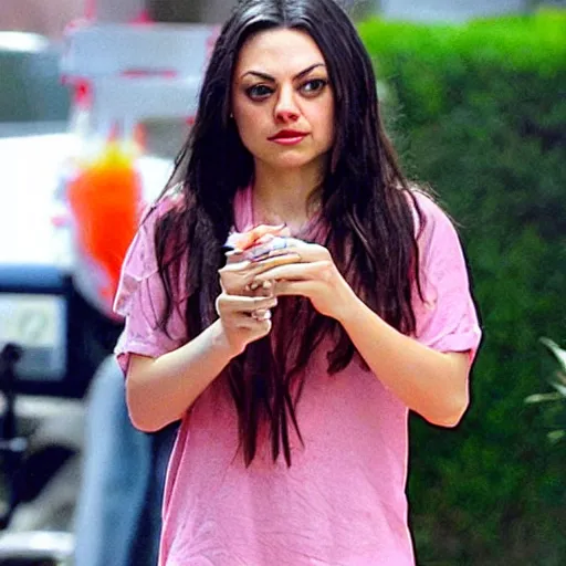 Prompt: mila kunis eating a hot dog with chopsticks, mixed with party clowns