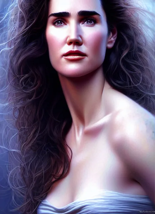 Image similar to a gorgeous young jennifer connelly with long soft hair in the style of stefan kostic, realistic, full body shot, wide angle, sharp focus, 8 k high definition, insanely detailed, intricate, elegant, art by stanley lau and artgerm, floating embers