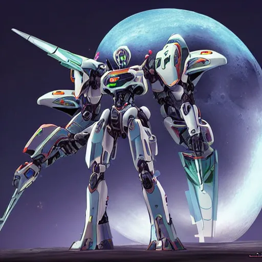 Image similar to two battle mecha in combat over a distant moon, the light of the moon reflects off the armour, it’s an incredibly detailed artwork, styled like ghost in the shell, with Japanese inspiration, they have light swords and are bright neon Colors,