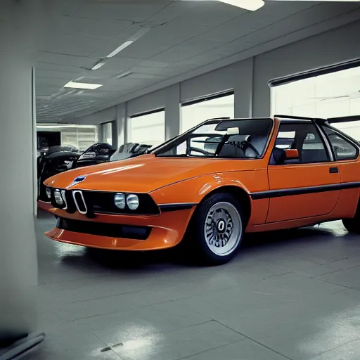 Prompt: 1979 BMW M1, inside of an auto dealership, ektachrome photograph, volumetric lighting, f8 aperture, cinematic Eastman 5384 film