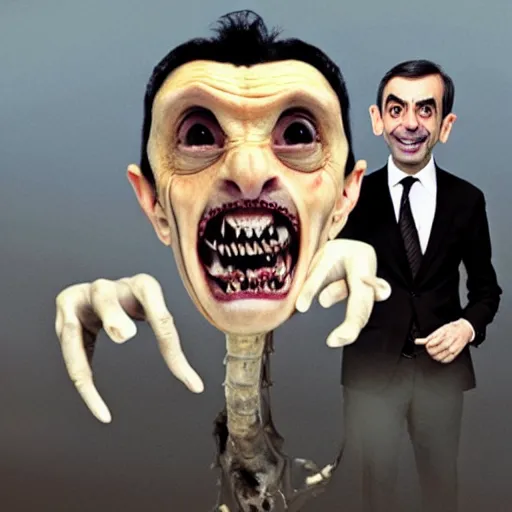 Image similar to mr bean as a monstrous alien, body horror, claws, teeth, bones