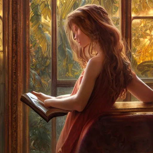 Prompt: a beatiful girl reading book, hair flowing down, detailed, centered, digital painting, artstation, concept art, donato giancola, Joseph Christian Leyendecker, WLOP, Boris Vallejo, Breathtaking, 8k resolution, extremely detailed, beautiful, establishing shot, artistic, hyperrealistic, beautiful face, octane render, cinematic lighting, dramatic lighting, masterpiece