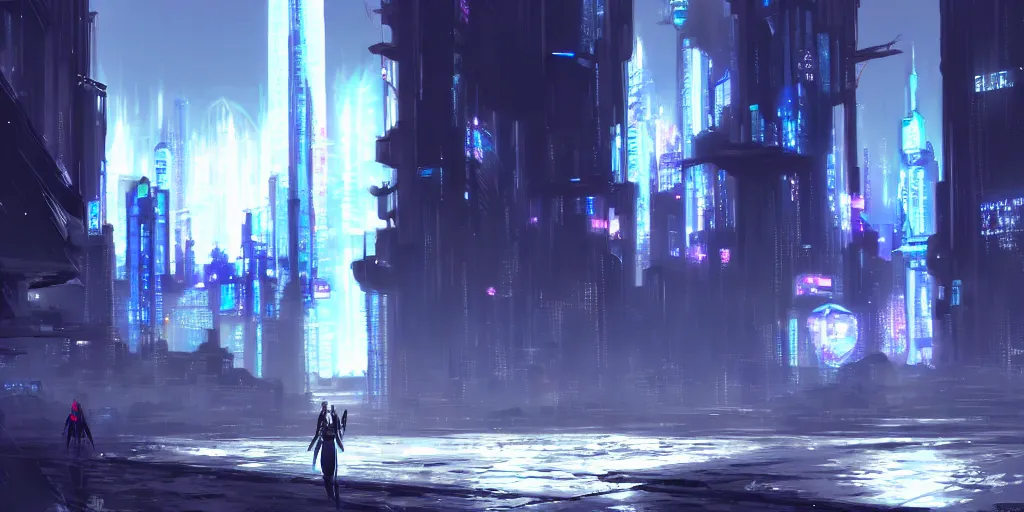 Image similar to Ishgard in a cyberpunk setting, futuristic