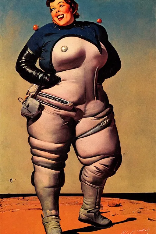 Image similar to 5 0 s pulp scifi fantasy illustration full body portrait cheerful overweight woman in leather spacesuit on mars, by norman rockwell, roberto ferri, daniel gerhartz, edd cartier, jack kirby, howard v brown, ruan jia, tom lovell, frank r paul, jacob collins, dean cornwell, astounding stories, amazing, fantasy, other worlds