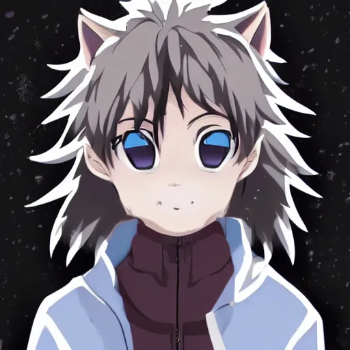 Image similar to key anime visual portrait of an anthropomorphic anthro wolf fursona, in a jacket, with handsome eyes, official modern anime art