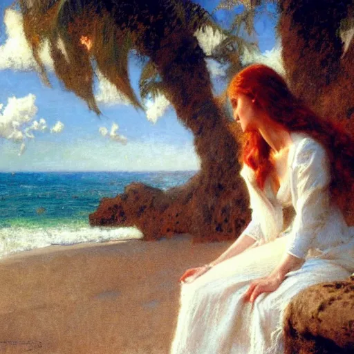 Image similar to detailed cinematic shot of jessica chastain with white clothes in the mediterranean beach, spring light, painting by gaston bussiere, craig mullins, j. c. leyendecker