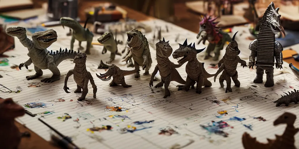 Image similar to closeup portrait of tin mini knights riding dinosaurs fighting on white paper table in an artist workshop, depth of field, zeiss lens, detailed, centered, fashion photoshoot, by nicoletta ceccoli, mark ryden, lostfish, breathtaking, 8 k resolution, extremely detailed, beautiful, establishing shot, artistic, hyperrealistic, octane render