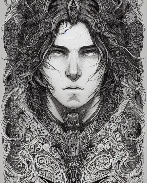 Image similar to portrait of a man, baroque style, elegant, beautiful, mesmerizing, concept art, intricate linework, detailed and intricate environment, artstation, inspired by monstress, sana takeda