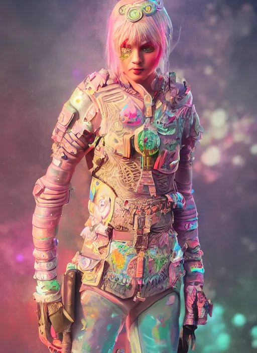 Prompt: detailed full body concept colorful pastel painting of a female road warrior in intricate clothing, cinematic lighting, hyperdetailed, 8k, high resolution, insanely detailed and intricate, octane render