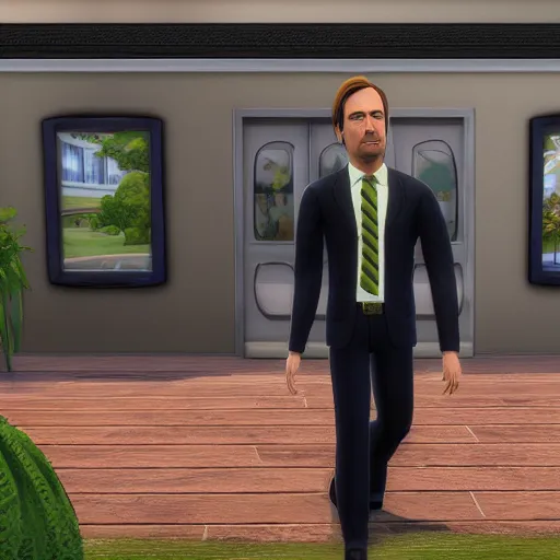 Image similar to saul better call saul, saul goodman, in the sims, realistic, photorealistic, high - resolution, sigma art 8 5 mm f 1. 4 computer screenshot, very very saul goodman, very very very saul goodman, better call saul, inside the sims