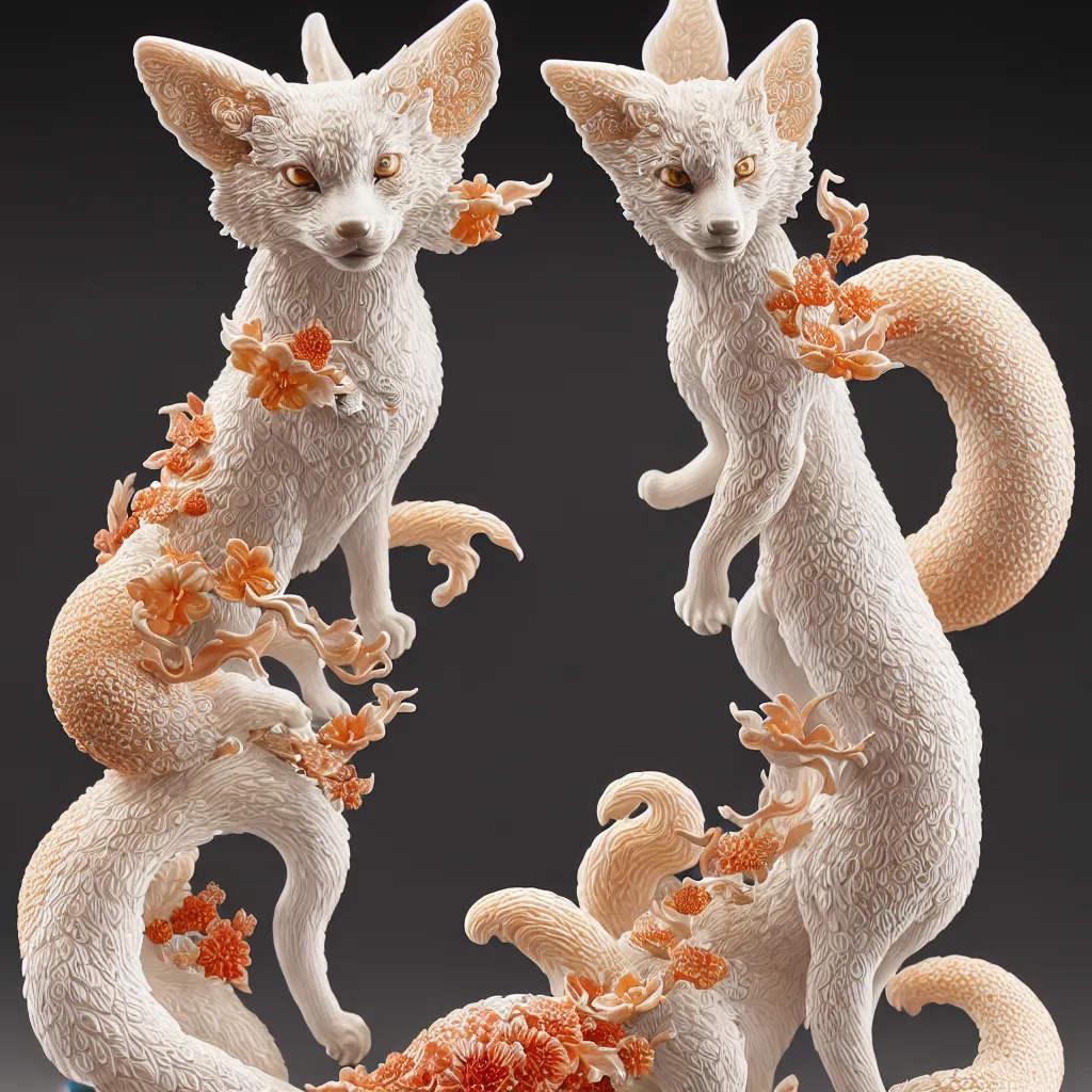 Prompt: a photo - real delicate ceramic porcelain sculpture of an ornate detailed kitsune in front of a intricate background by victo ngai and takato yamamoto, micro detail, backlit lighting, subsurface scattering, translucent, thin porcelain, octane renderer, colorful, physically based rendering, japanese pottery, trending on cgsociety