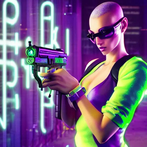 Image similar to cyberpunk chick with a side head shave in a city with aqua, green, and purple neon lighting, holding a gun, posed