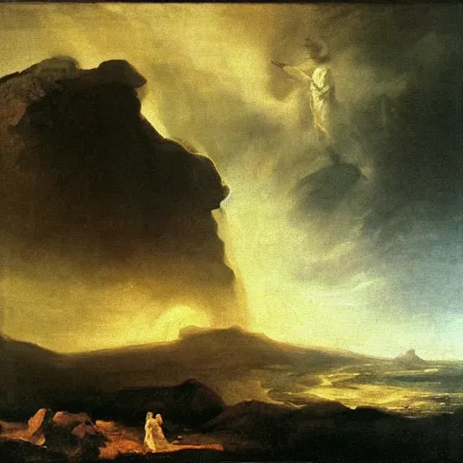 Image similar to goya the colossus painting, towering stone man, atmospheric haze, stormy, tundra, hudson river school, princess in foreground, large scale