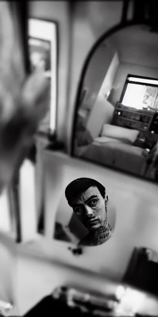 Prompt: a man with micron pen ink tattoos stares in a mirror, reflection, bruce gilden, leica s, fuji 8 0 0, grainy, low light