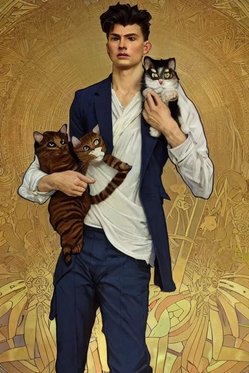 Prompt: full body portrait of a single beautiful young fit man, modern haircut, open shirt, large pants, holding a detailed photorealistic cat in his arms. by greg rutkowski and alphonse mucha, d & d character, in front of a modern room background, highly detailed portrait, digital painting, artstation, concept art, smooth, sharp focus ilustration, artstation hq