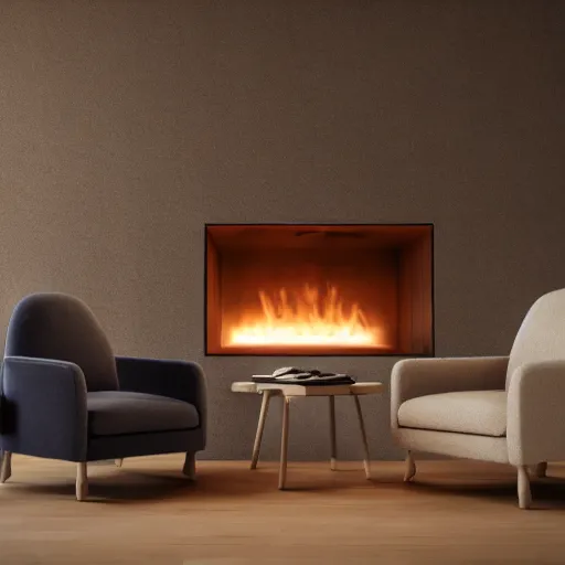 Image similar to two armchairs sitting in front of a cosy fireplace, modern home design interior, octane render, hyperrealistic, concrete archetecture, vray, volumetric lighting, cinema 4 d, unreal engine