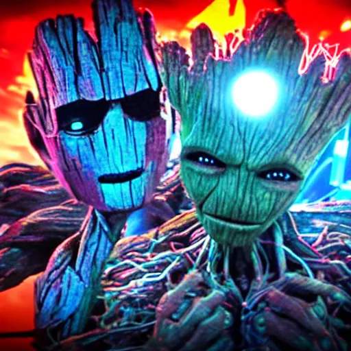 Image similar to groot and optimus prime dancing at techno party among people, wide shoot, after effect, ultra realistic