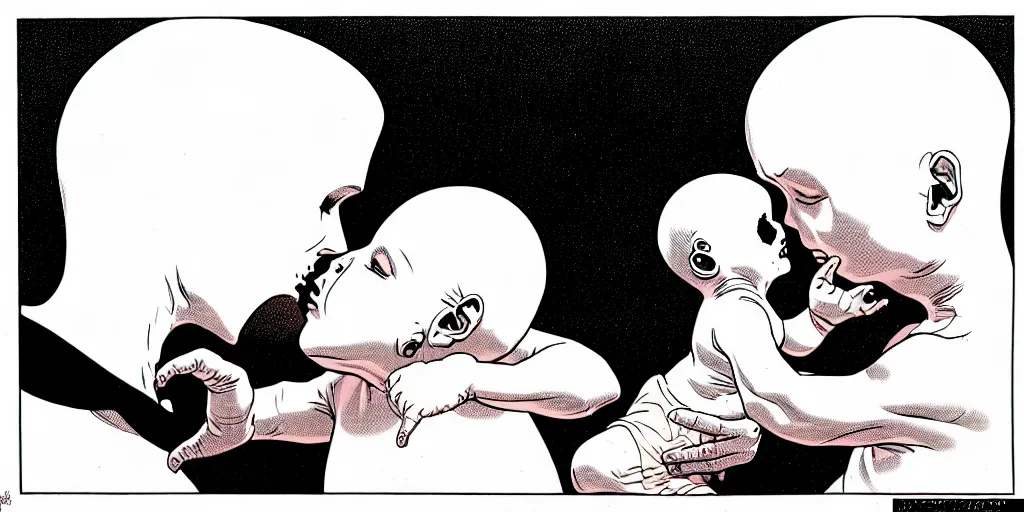 Image similar to dead moebius kissing baby moebius by moebius