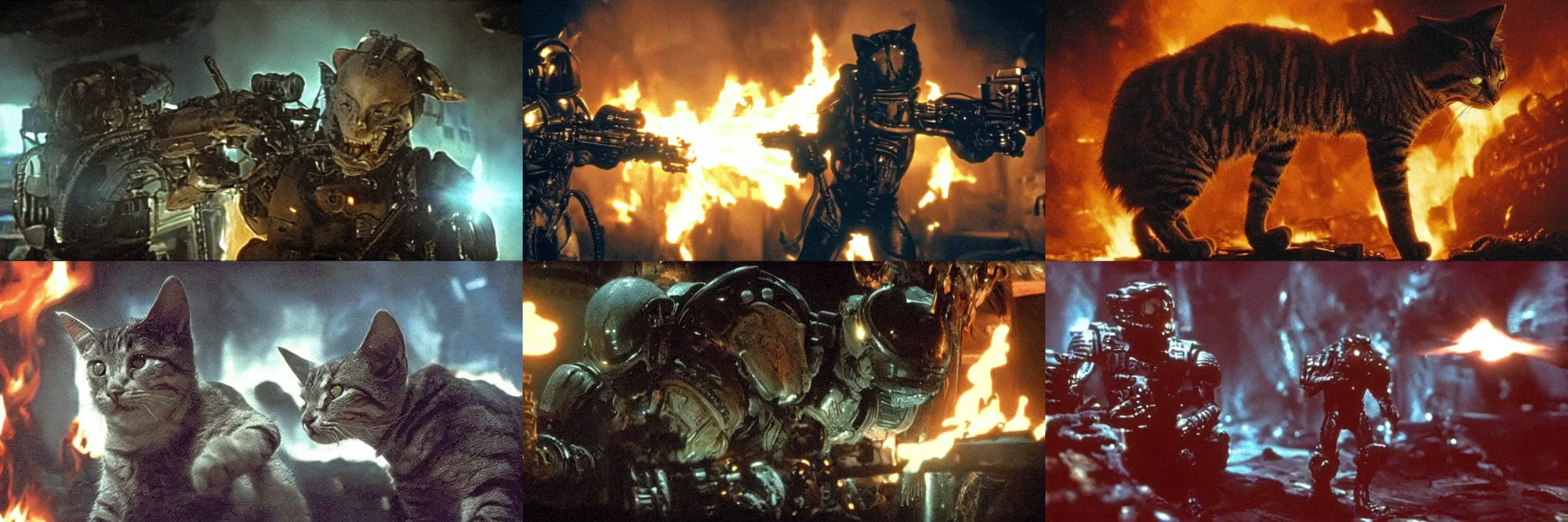 Prompt: Cat space marine in the film Aliens, by James Cameron, cinematic lighting, flames in background