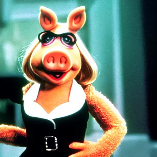 Image similar to movie still of miss piggy starring as trinity in the matrix movie