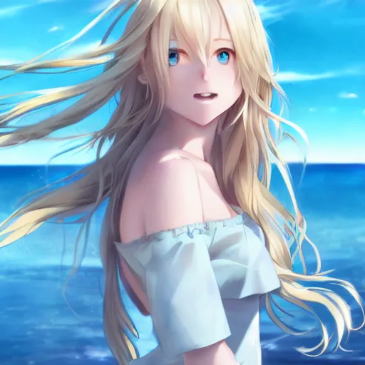 Prompt: a very beautiful anime cute girl, full body, long wavy blond hair, sky blue eyes, full round face, short smile, fancy top, miniskirt, front view, summer lake setting, cinematic lightning, medium shot, mid-shot, highly detailed, cinematic wallpaper by Stanley Artgerm Lau