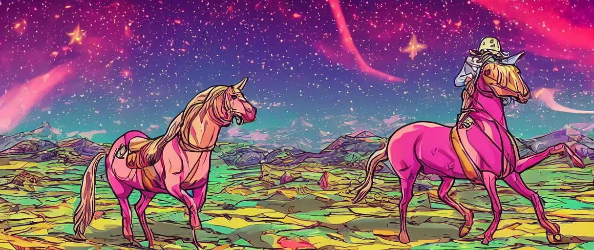 Image similar to a horse riding across the stars on a big pizza, comic style, colorful, 4 k, high details, vaporwave