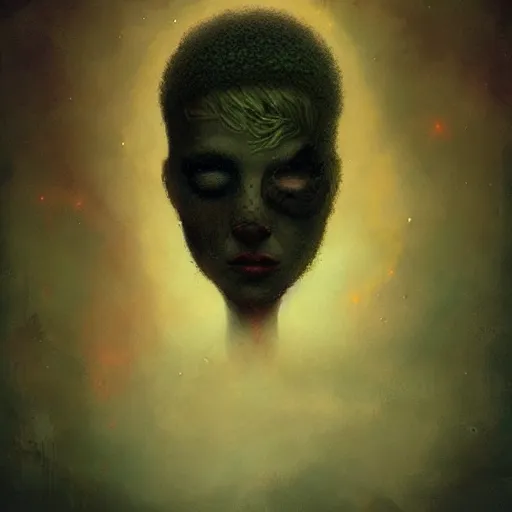 Prompt: sad man, half of face is gone, moss is growing out, despair, thoughts escaping mind, by Anato Finnstark, Tom Bagshaw, Brom