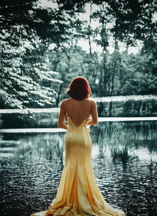 Image similar to a 2 8 mm holga photo from the back of a woman in a formal gown at the edge of a lake, splash art, movie still, bokeh, canon 5 0 mm, cinematic lighting, dramatic, film, photography, golden hour, depth of field, award - winning, anamorphic lens flare, 8 k, hyper detailed, 3 5 mm film grain