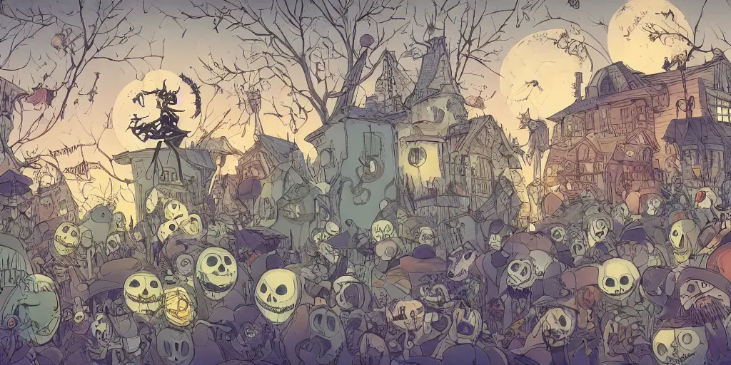 Prompt: a study of cell shaded cartoon of a scene from tim burtons nightmare before christmas, illustration, wide shot, muted colors, concept art by josan gonzales and wlop, by james jean, victo ngai, david rubin, mike mignola, laurie greasley, highly detailed, sharp focus, trending on artstation, hq, deviantart, art by artgem