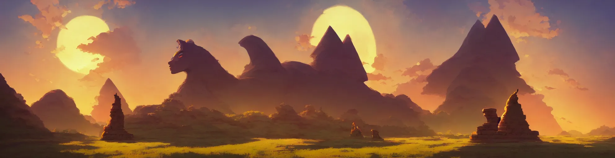 Prompt: A landscape with frontview of sphinx statue, Studio Ghibli, backlight sunset sky, animated, anime, illustrated, vibrant, by Greg Rutkowski, dungeons and dragons on artstation