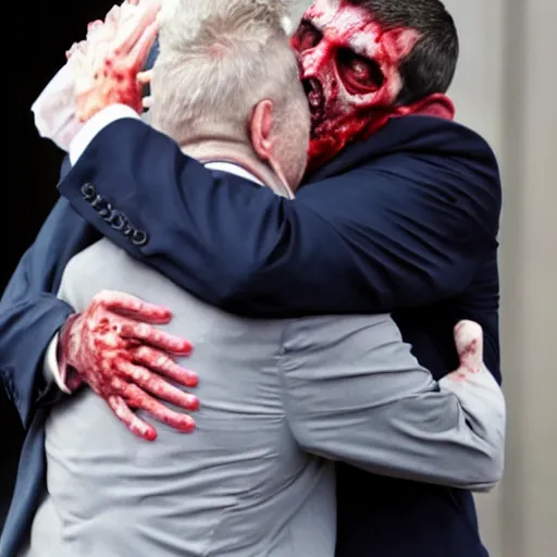 Prompt: Zombie Patrick Balkany hugging kawaii Alexandre Benalla