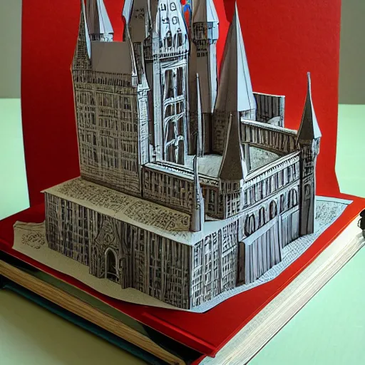 Prompt: intricate cut paper sculpture of hogwarts castle in a book