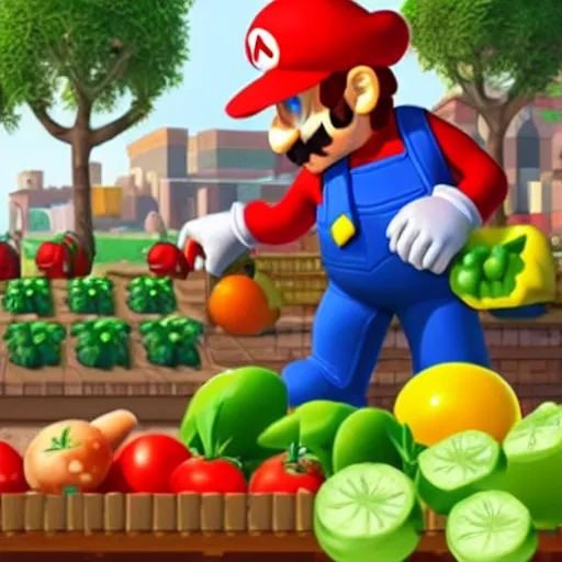 Image similar to game character mario selling vegetables on a farmer's market, morning
