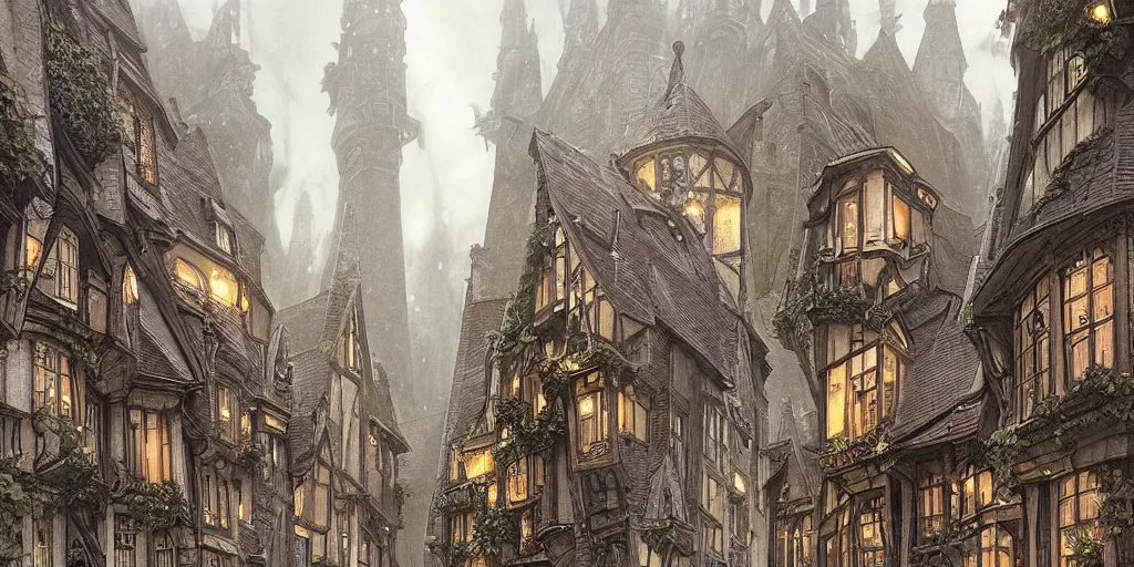 Prompt: a multi - level steep gothic dickensian village, art nouveau, baroque winding cobbled streets, style of arcane, magic the gathering, misty alleyways, tiled roofs, balconies, medieval tumbledown houses, st cirq lapopie, by brian froud and mucha and alan lee