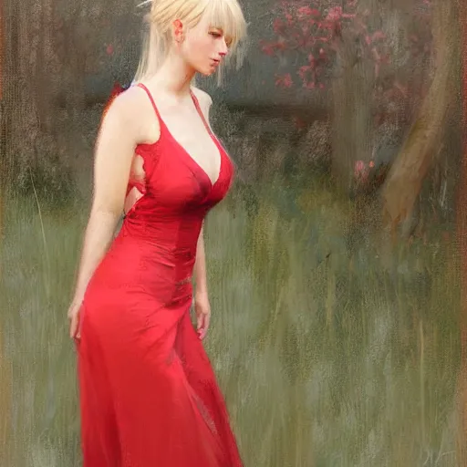 Prompt: Full length portrait painting of Lyse from Final Fantasy XIV, the lady in red, by Richard Schmid and Jeremy Lipking