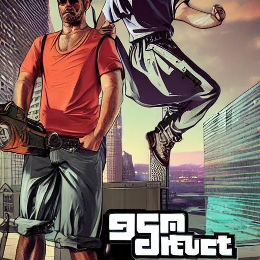 Image similar to nameless hero, gta v cover art, art by stephen bliss