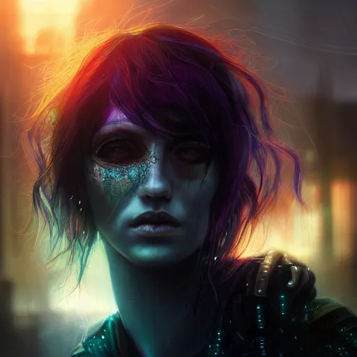 Prompt: molly millions, closeup portrait of a young beautiful cyberpunk woman, eye implants, black hair in a rough shag, sunset, neuromancer, street samurai, cyberpunk city background, megacity, gorgeous view, depth, painted by seb mckinnon, high detail, digital art, painted by greg rutkowski, trending on artstation