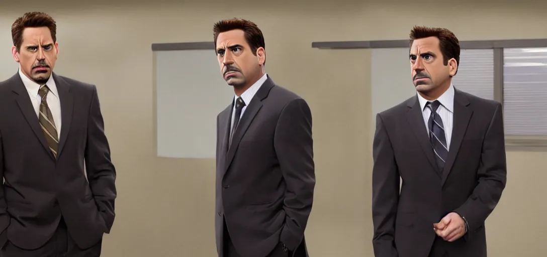 Image similar to a very high resolution image of tony stark and micheal scott. from an episode of the office. photorealistic, photography