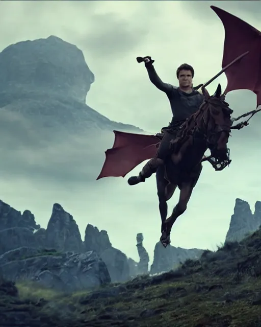 Image similar to Actor Paul Wesley As an Elf Ranger riding a giant Battle Eagle as it soars over the Mountains of Mordor,photorealistic, cinematic