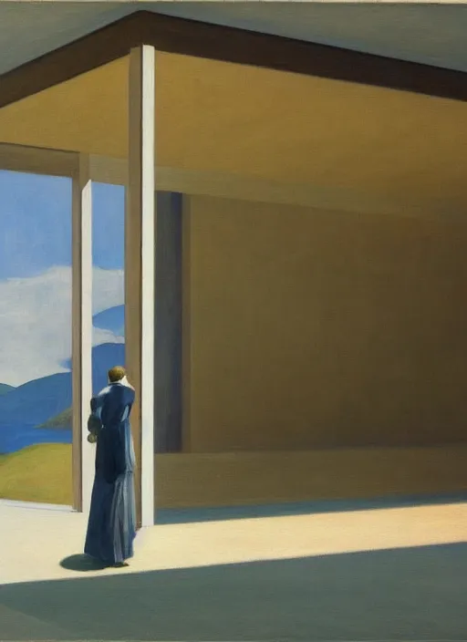 Image similar to a painting of the interior of teshima art museum by edward hopper dramatic light