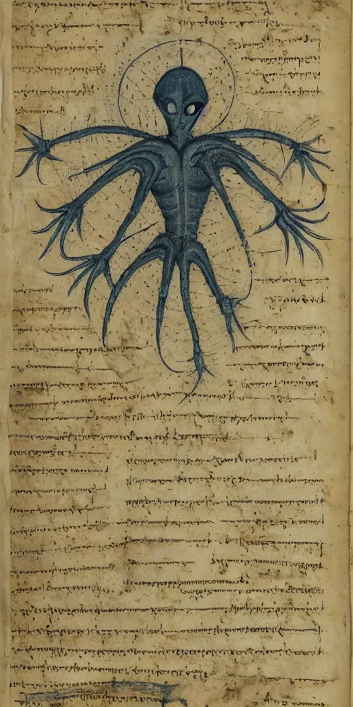 Prompt: a page of the Voynich Manuscript depicting an alien form.