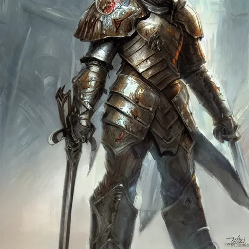 Prompt: a man in armor holding a sword in his hand, concept art by aleksi briclot, featured on deviantart, fantasy art, concept art, 2 d game art, official art